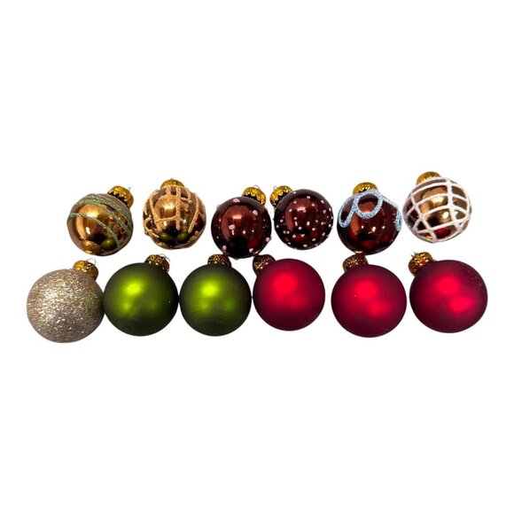 Vintage G&D Set Of 12 Mini Christmas Ornaments Glitter & Metallic Gold Red Green - Picture 1 of 10